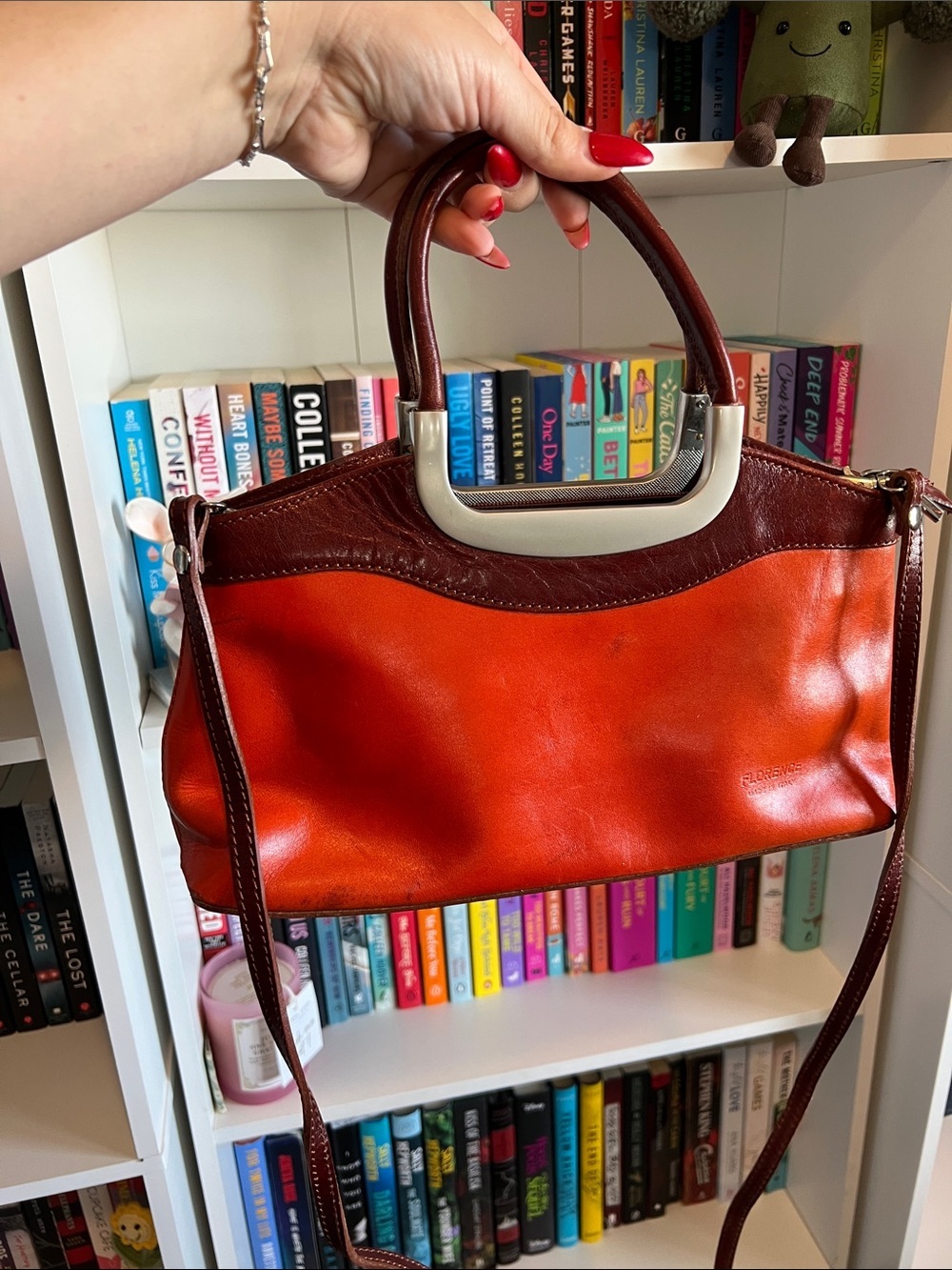 Women's Two-Tone Orange and Brown Leather Shoulder Tote
